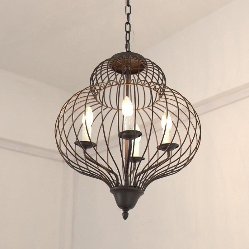 5-Light Gourd Shape Chandelier Pendant Black Iron Fixture - Rebooters