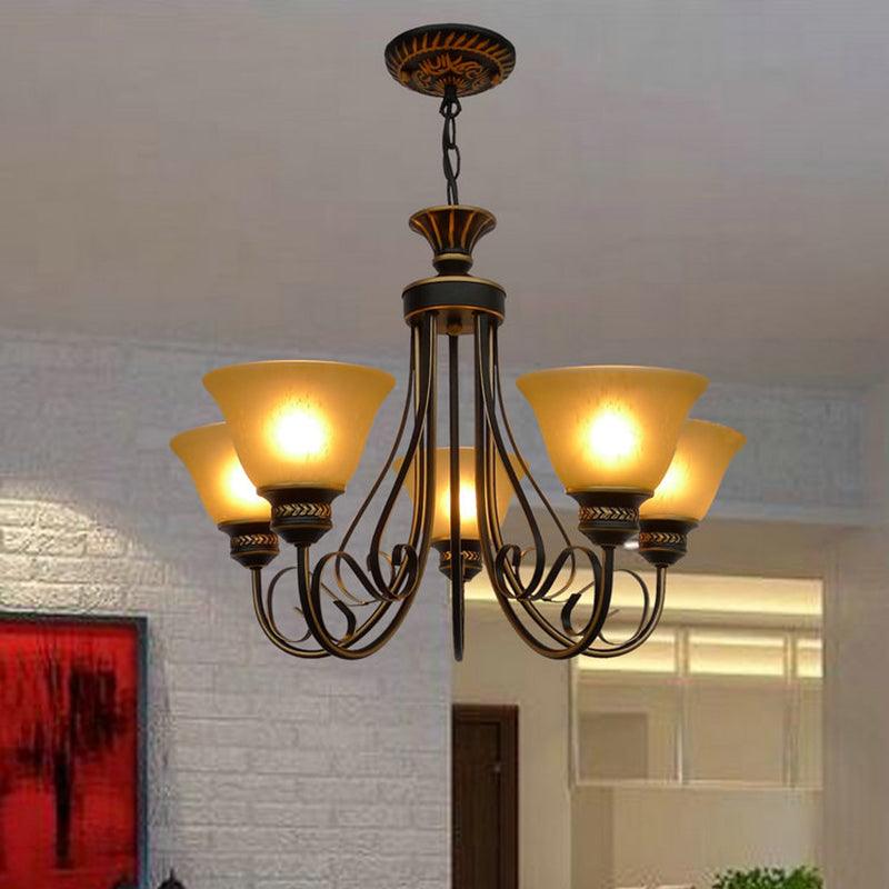 5 Lights Chandelier Light with Bell Shade Beige Frosted Glass Classic Bedroom Ceiling Lamp in Black - Rebooters