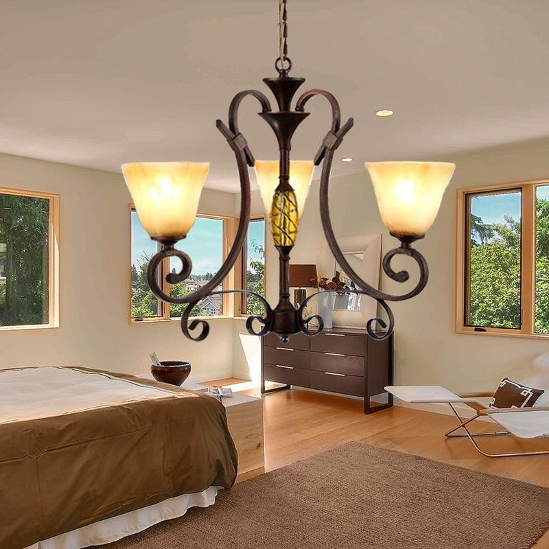 Bell Beige Frosted Glass Chandelier Light Traditional 3 Lights Dining Room Pendant Lighting in Rust - Rebooters