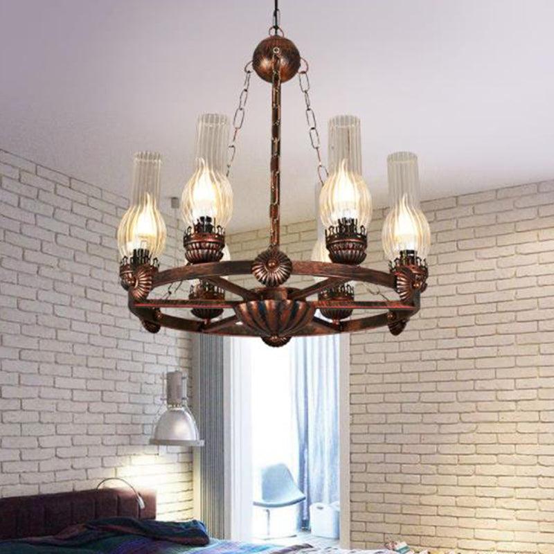 6 Bulbs Wagon Wheel Chandelier Light Traditional Clear Ribbed Glass Hanging Ceiling Fixture in Copper - Rebooters