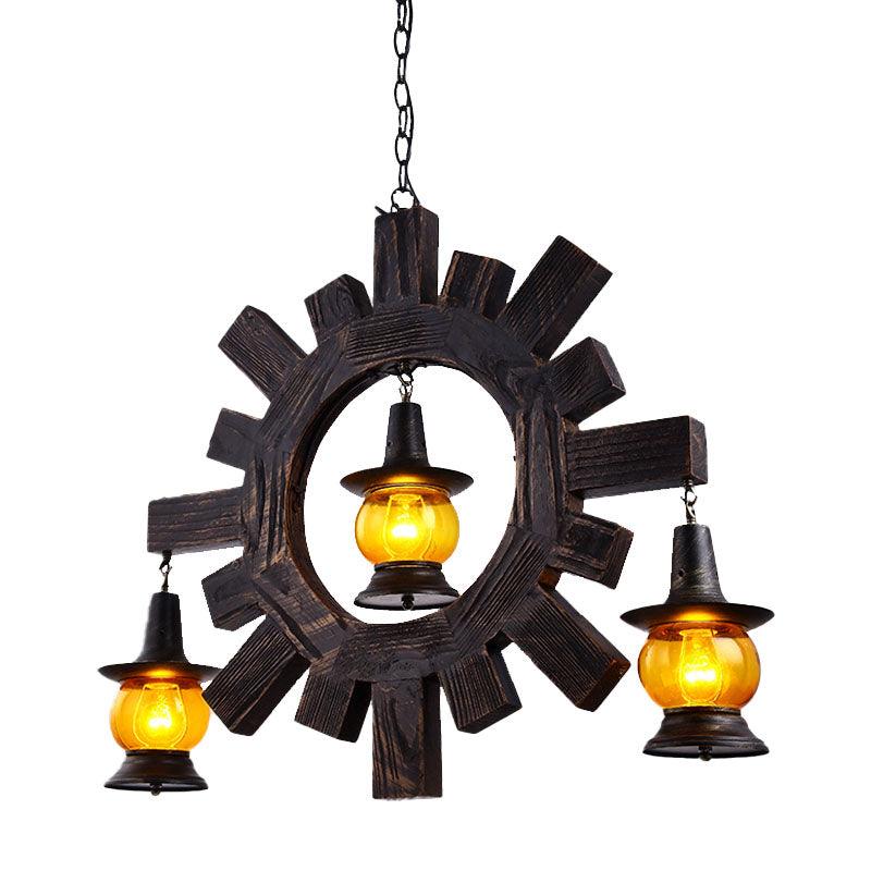 Amber Glass Black Chandelier Light Kerosene 3 Lights Fixture - Rebooters