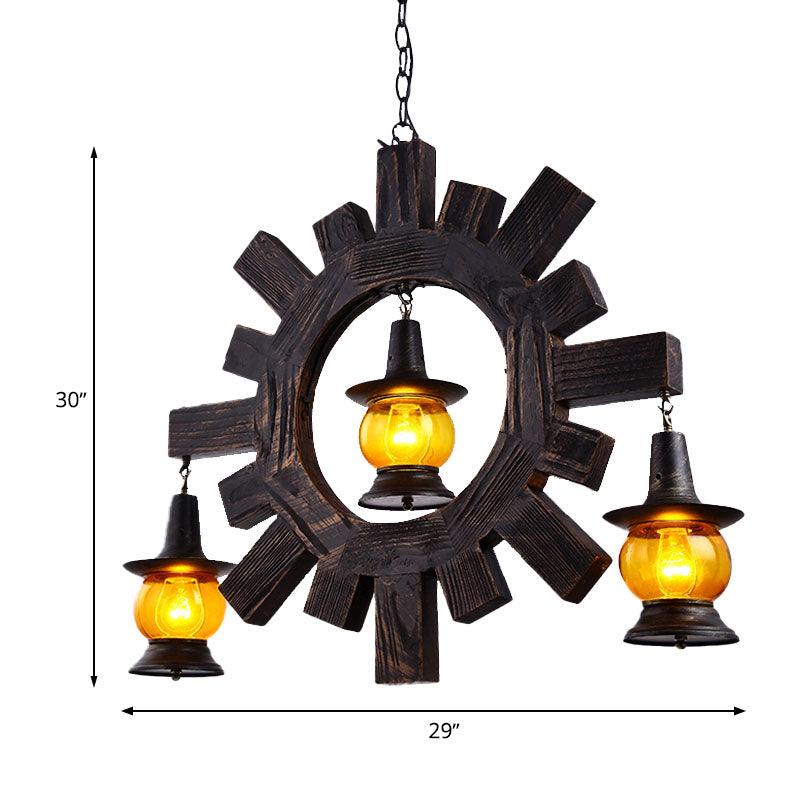 Amber Glass Black Chandelier Light Kerosene 3 Lights Fixture - Rebooters