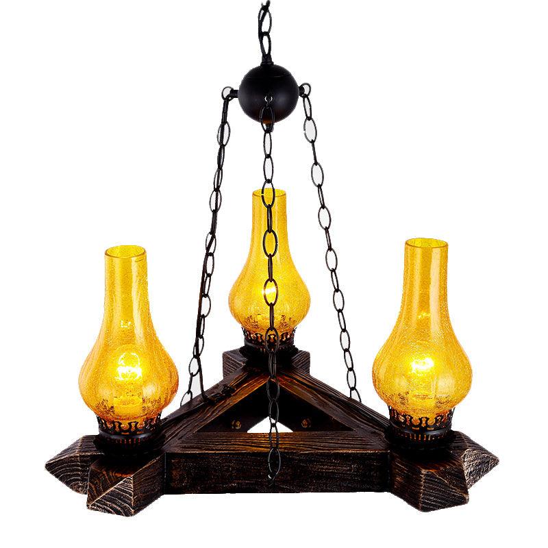 3 Lights Amber Crackle Glass Ceiling Chandelier Retro Dark Wood Vase - Rebooters
