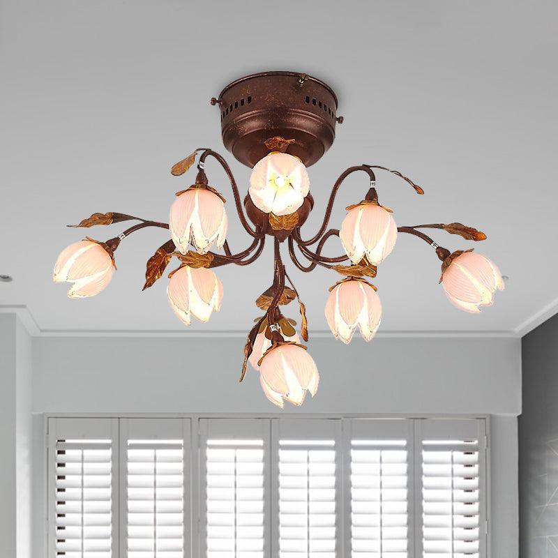 9 Lights Bedroom Semi Flush Countryside Rust Ceiling Light Fixture - Rebooters