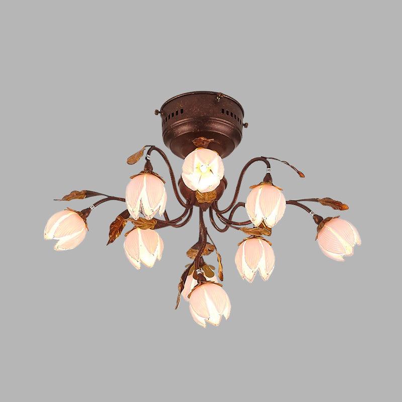 9 Lights Bedroom Semi Flush Countryside Rust Ceiling Light Fixture - Rebooters