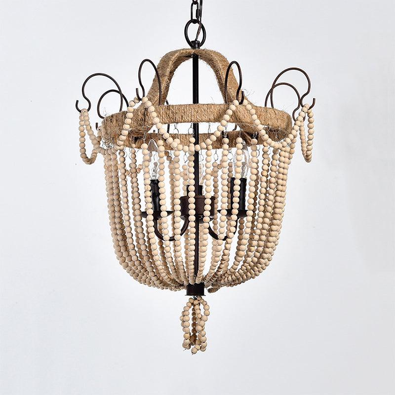 Bird Cage Pendant Chandelier Traditional Wood 3 Bulbs Light Tan - Rebooters