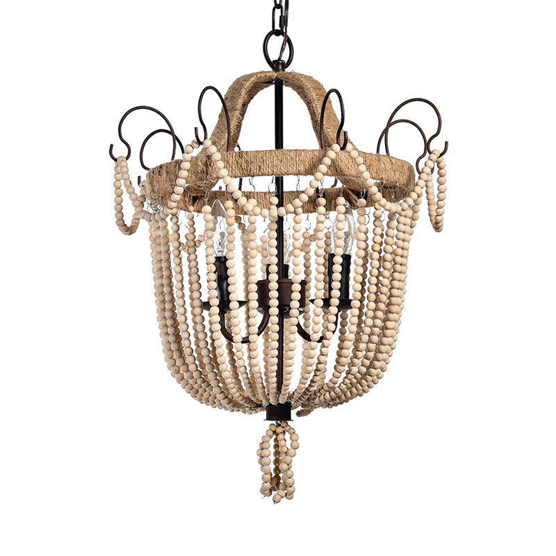Bird Cage Pendant Chandelier Traditional Wood 3 Bulbs Light Tan - Rebooters