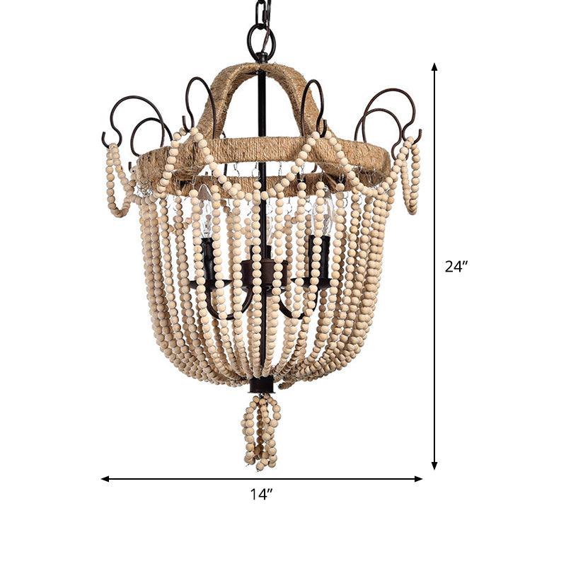 Bird Cage Pendant Chandelier Traditional Wood 3 Bulbs Light Tan - Rebooters