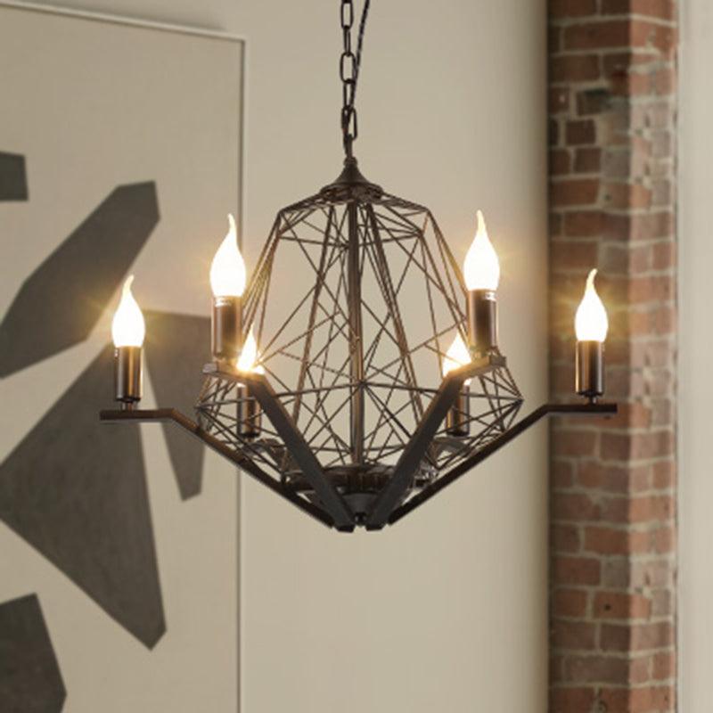 6 Lights Ceiling Light Traditional Candle Metal Hanging Chandelier in Black White Geometric Cage - Rebooters