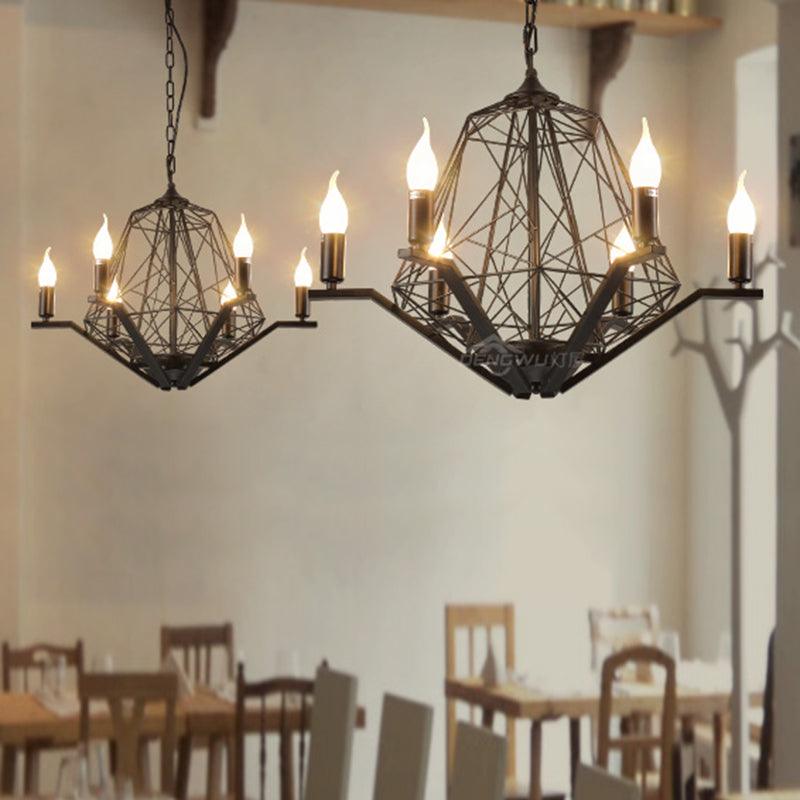 6 Lights Ceiling Light Traditional Candle Metal Hanging Chandelier in Black White Geometric Cage - Rebooters