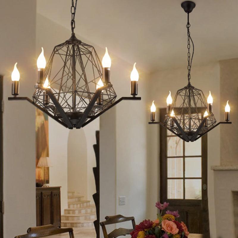 6 Lights Ceiling Light Traditional Candle Metal Hanging Chandelier in Black White Geometric Cage - Rebooters