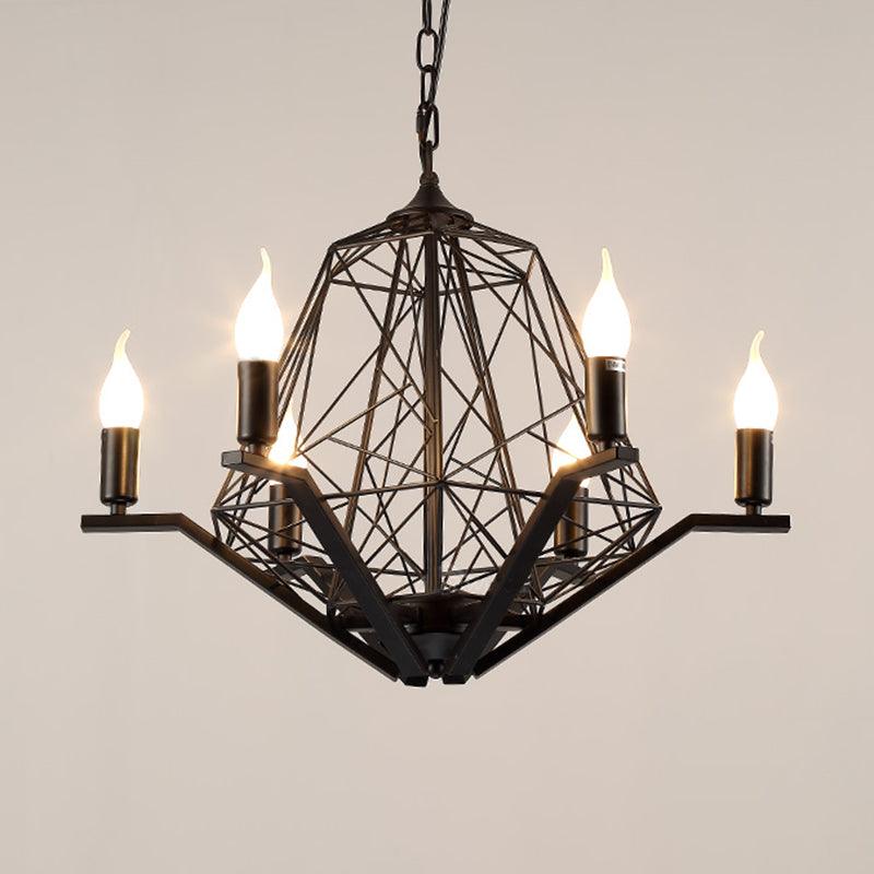 6 Lights Ceiling Light Traditional Candle Metal Hanging Chandelier in Black White Geometric Cage - Rebooters