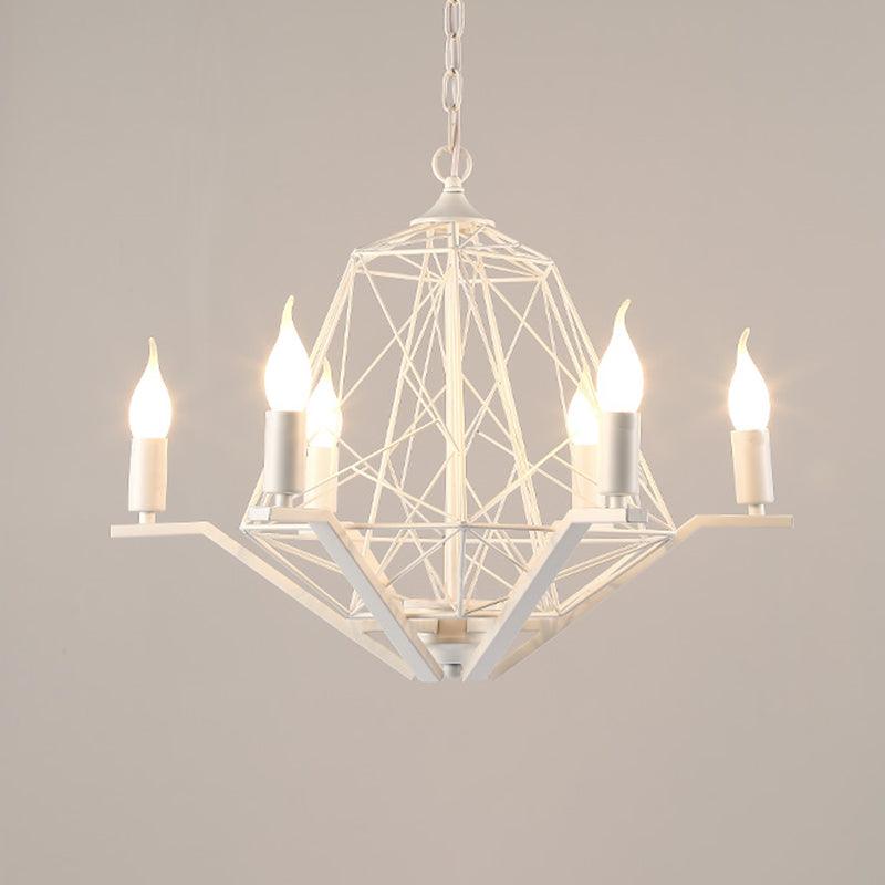 6 Lights Ceiling Light Traditional Candle Metal Hanging Chandelier in Black White Geometric Cage - Rebooters