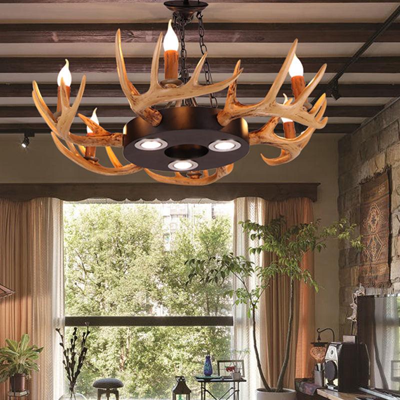 6 Lights Resin Chandelier Lamp Village Wood Candelabra Pendant - Rebooters