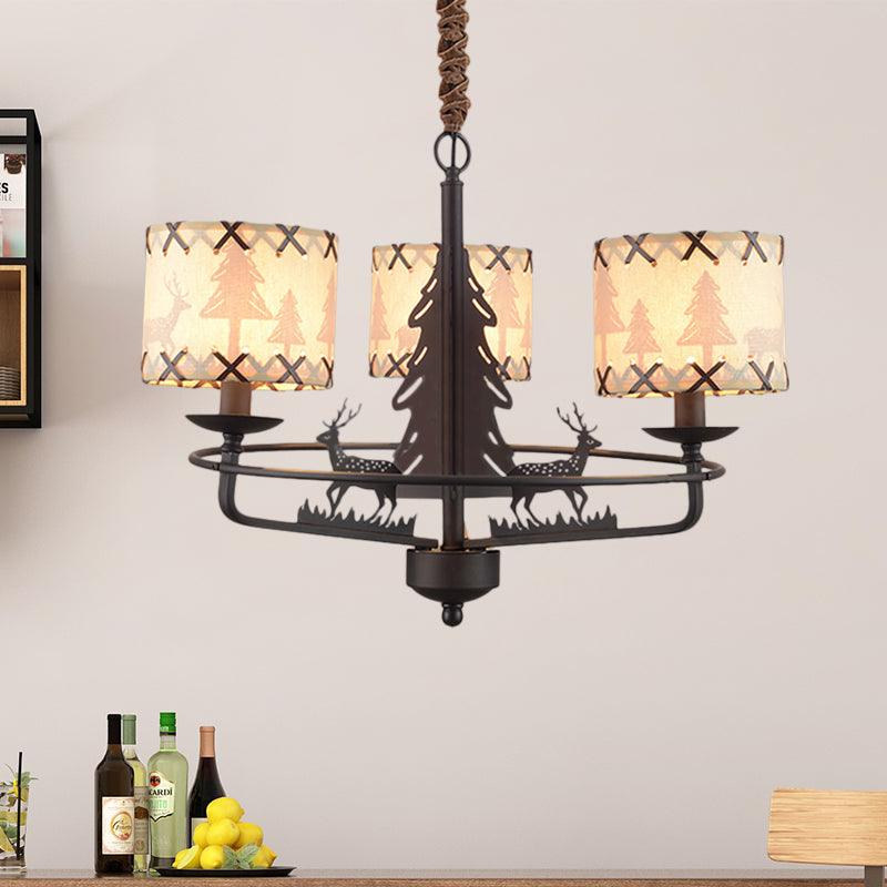 Beige Drum Chandelier Lamp Traditional Fabric 3 Lights Bedroom Hanging Light with Animal Design - Rebooters