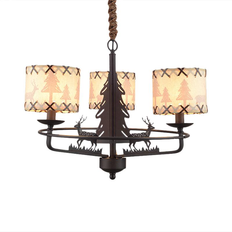 Beige Drum Chandelier Lamp Traditional Fabric 3 Lights Bedroom Hanging Light with Animal Design - Rebooters