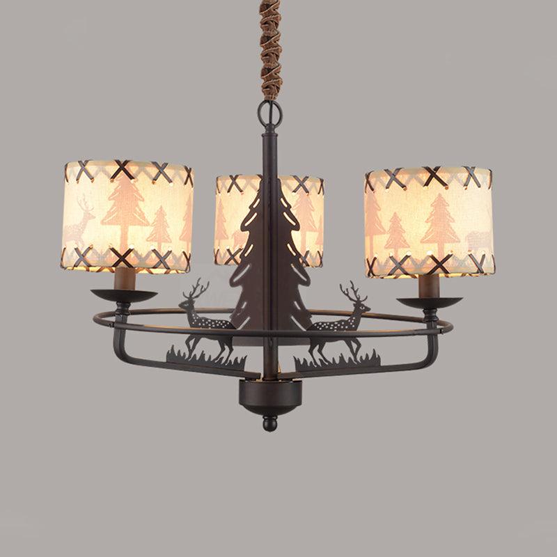 Beige Drum Chandelier Lamp Traditional Fabric 3 Lights Bedroom Hanging Light with Animal Design - Rebooters