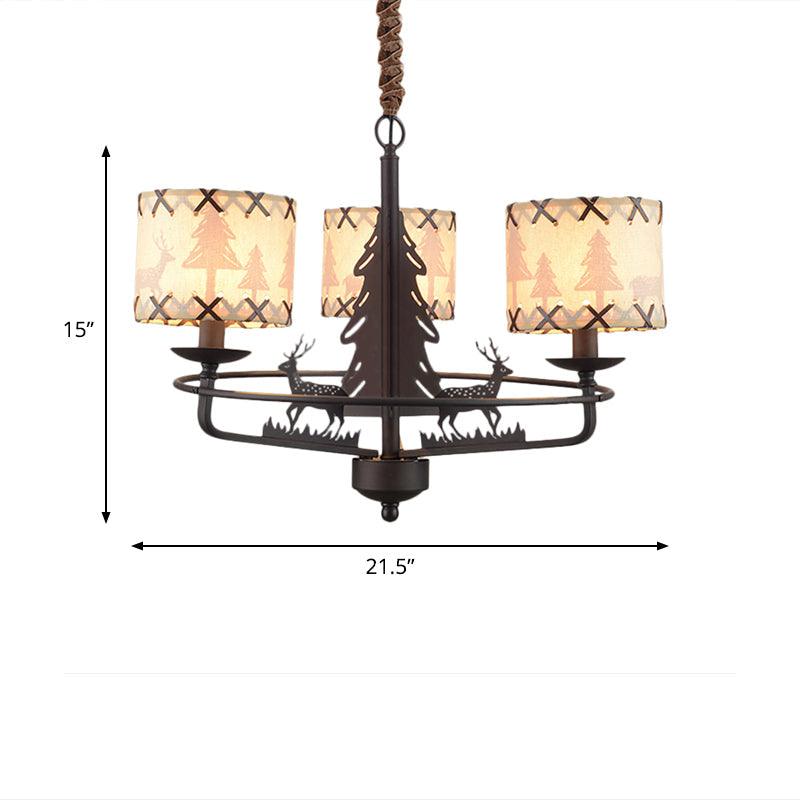 Beige Drum Chandelier Lamp Traditional Fabric 3 Lights Bedroom Hanging Light with Animal Design - Rebooters