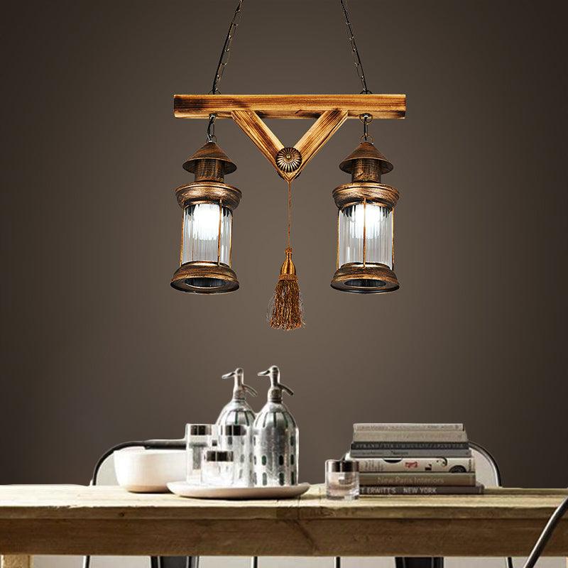 2 Lights Wooden Chandelier Lamp Farmhouse Antique Brass Pendant - Rebooters