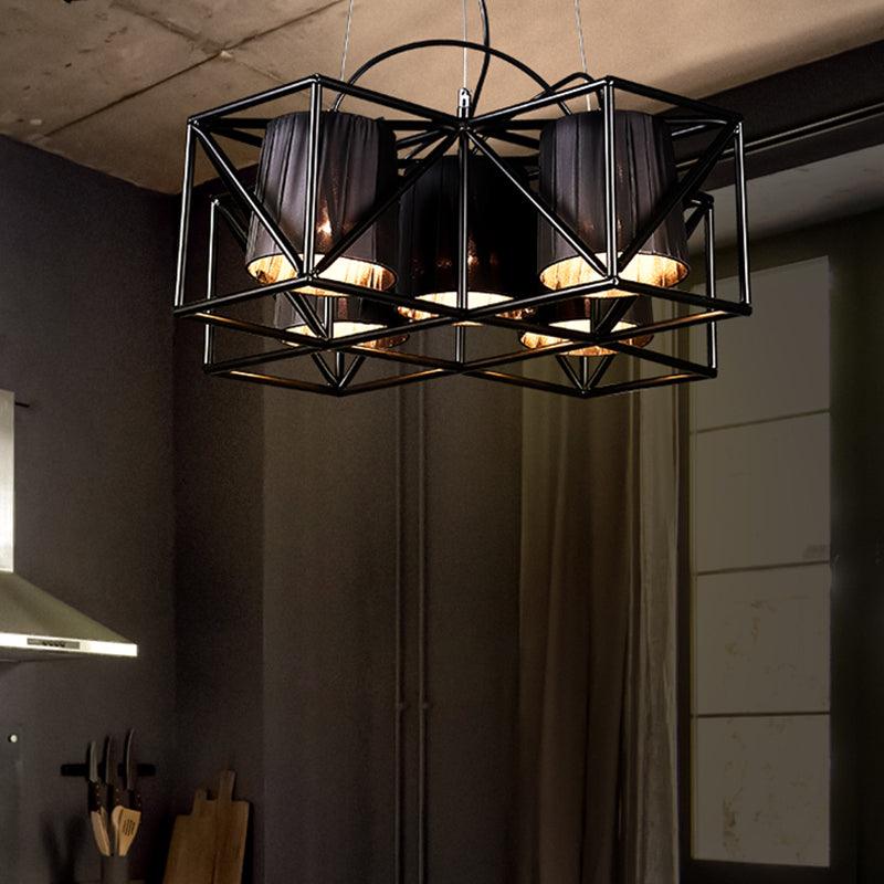 5-Bulb Fabric Suspension Light Industrial Black Cylinder Chandelier - Rebooters