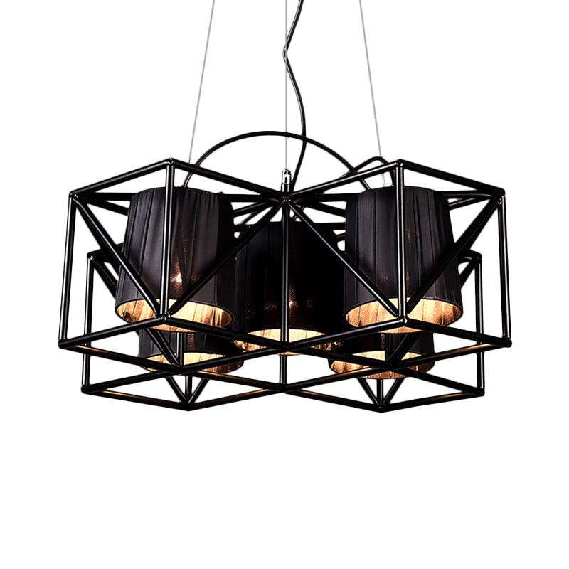 5-Bulb Fabric Suspension Light Industrial Black Cylinder Chandelier - Rebooters
