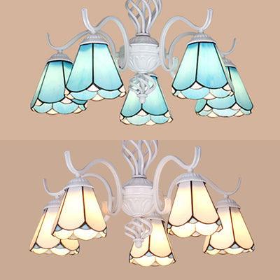5 Lights Tiffany Pendant Light Conical Shade Living Room Chandelier White Blue - Rebooters
