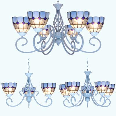 3/5/6 Lights Mediterranean Bowl Hanging Chandelier Stained Glass Pendant Light in Light Blue for Kitchen - Rebooters