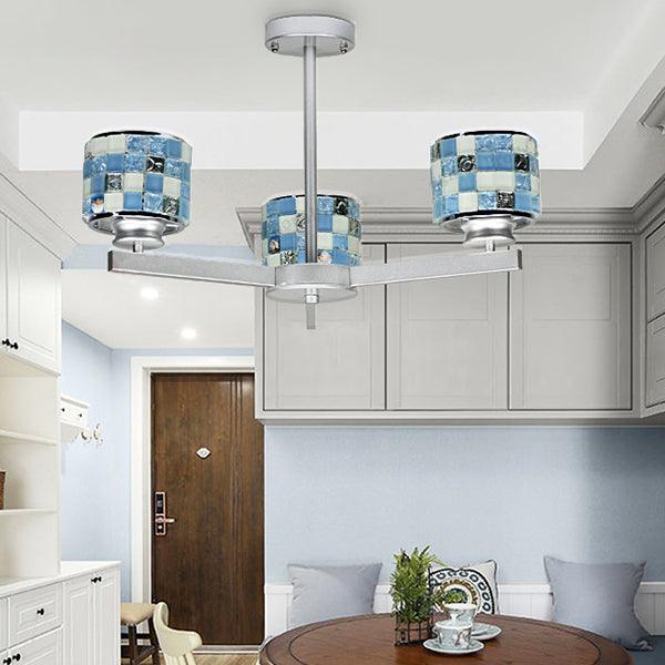 3 Lights Mosaic Chandelier with Drum Shade Modernism Indoor Pendant Light in Blue Yellow for Bathroom - Rebooters