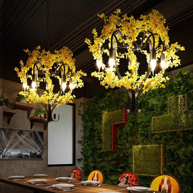 5 Heads Lantern Ceiling Pendant Industrial Yellow Metal Chandelier Light with Flower Decoration - Rebooters