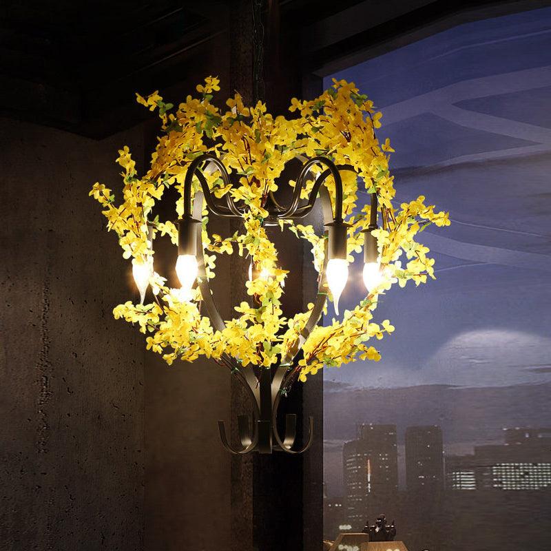 5 Heads Lantern Ceiling Pendant Industrial Yellow Metal Chandelier Light with Flower Decoration - Rebooters