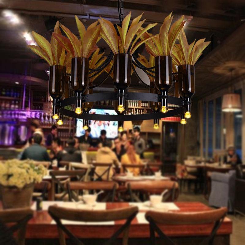 Black 10 Heads Hanging Chandelier Industrial Metal Round Pendant Light with Plant Decoration - Rebooters