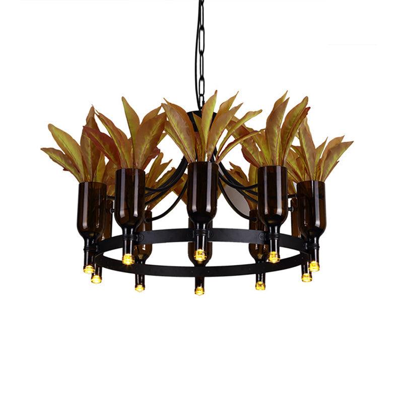 Black 10 Heads Hanging Chandelier Industrial Metal Round Pendant Light with Plant Decoration - Rebooters