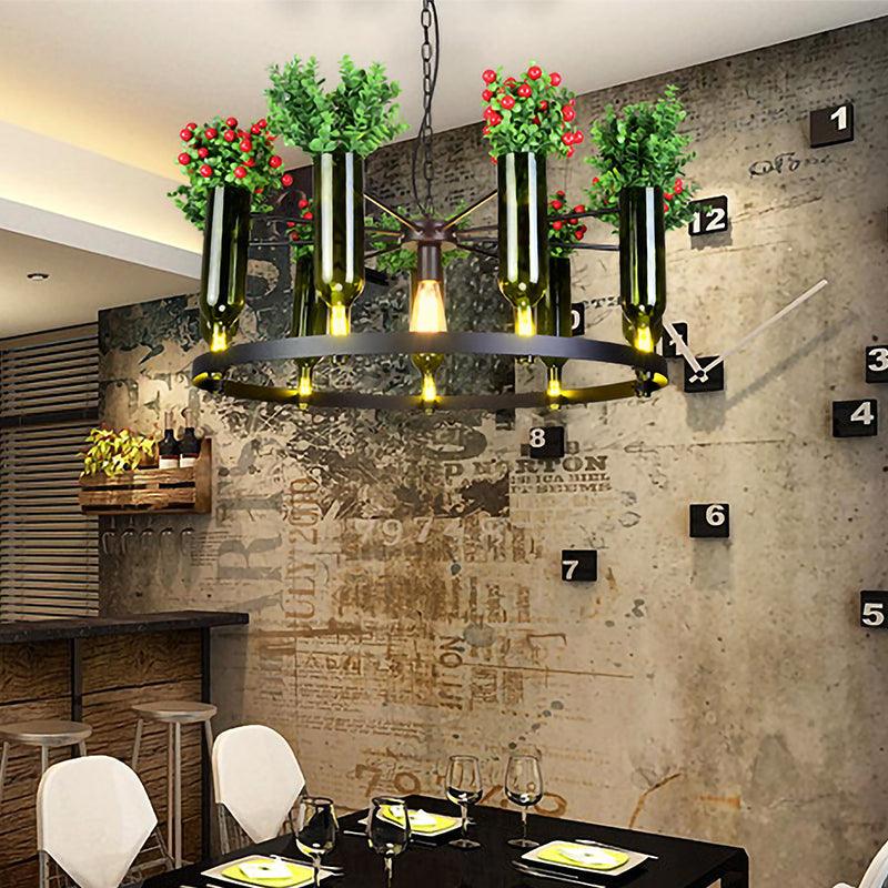7/10 Heads Round Chandelier Lamp Industrial Green Metal Hanging Ceiling Light with Plant Decoration - Rebooters