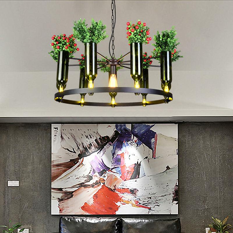 7/10 Heads Round Chandelier Lamp Industrial Green Metal Hanging Ceiling Light with Plant Decoration - Rebooters