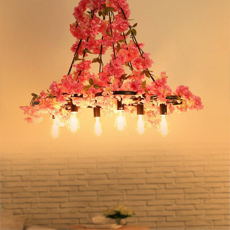 Bare Bulb Restaurant Chandelier Light Industrial 6 Bulbs LED Pink Flower Hanging Lamp - Rebooters