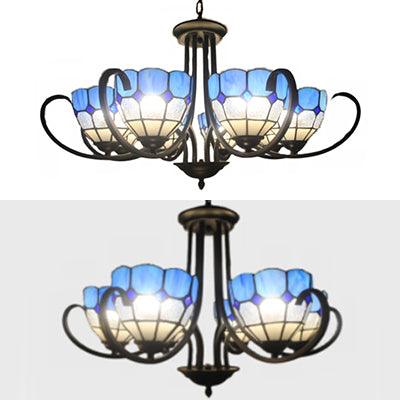 6/8 Lights Bowl Pendant Lighting Stained Glass Baroque Chandelier Light in Blue with Metal Chain - Rebooters