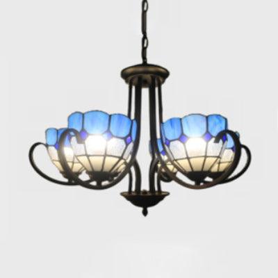6/8 Lights Bowl Pendant Lighting Stained Glass Baroque Chandelier Light in Blue with Metal Chain - Rebooters