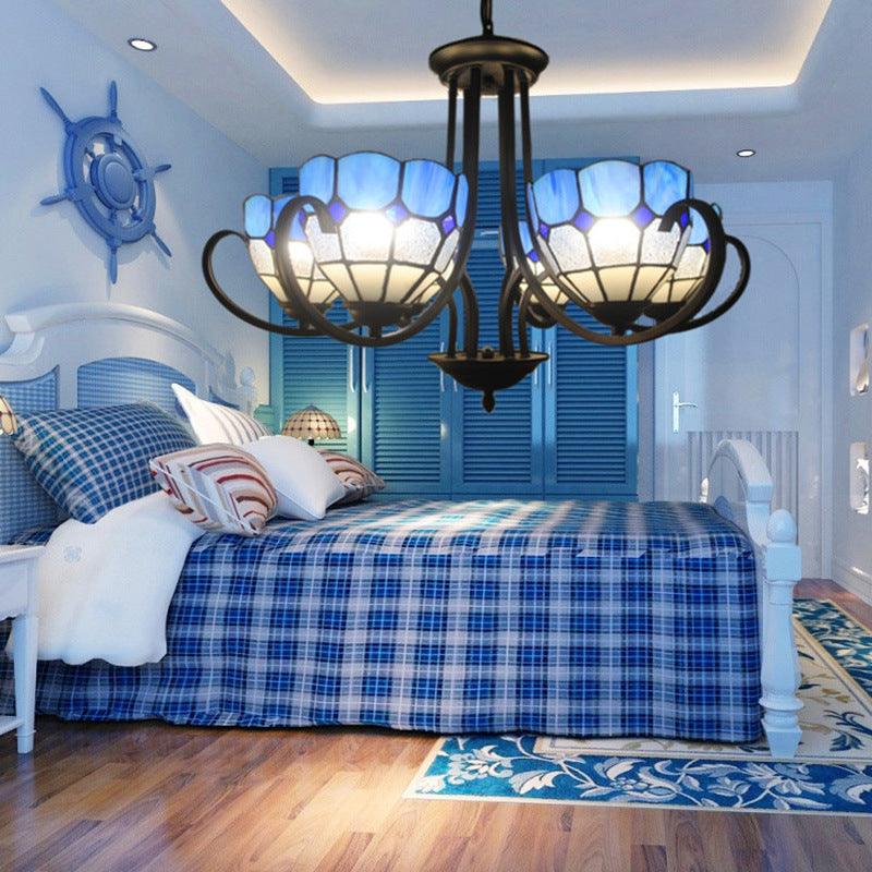 6/8 Lights Bowl Pendant Lighting Stained Glass Baroque Chandelier Light in Blue with Metal Chain - Rebooters