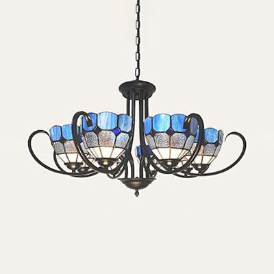 6/8 Lights Bowl Pendant Lighting Stained Glass Baroque Chandelier Light in Blue with Metal Chain - Rebooters