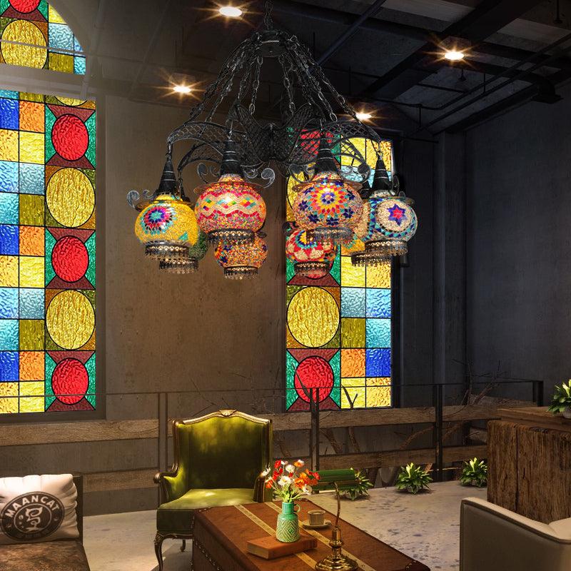 Stained Glass Black Hanging Chandelier Lantern 8 Bulbs - Rebooters