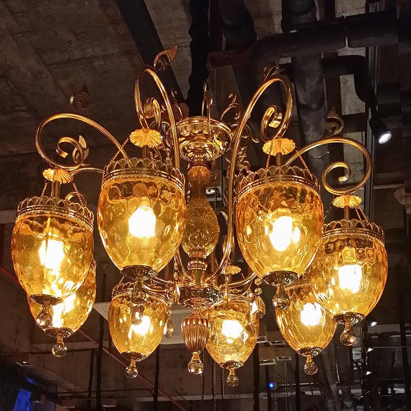 8 Bulbs Urn Pendant Chandelier Traditional Gold Dimpled Glass - Rebooters