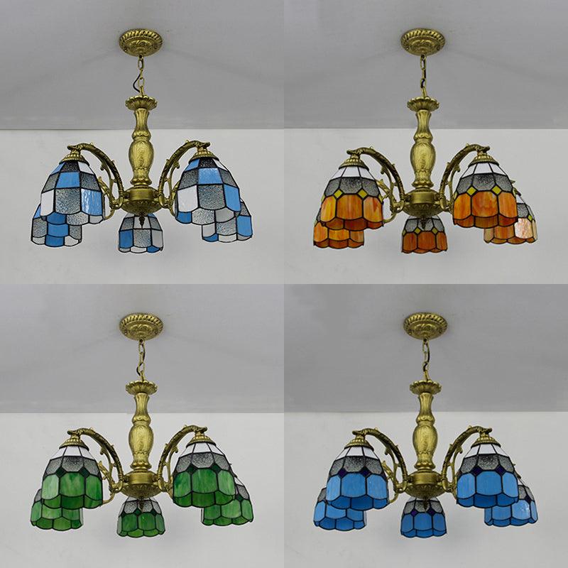5 Lights Dome Suspension Light Adjustable Stained Glass Tiffany Chandelier Lamp for Foyer - Rebooters