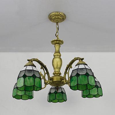 5 Lights Dome Suspension Light Adjustable Stained Glass Tiffany Chandelier Lamp for Foyer - Rebooters