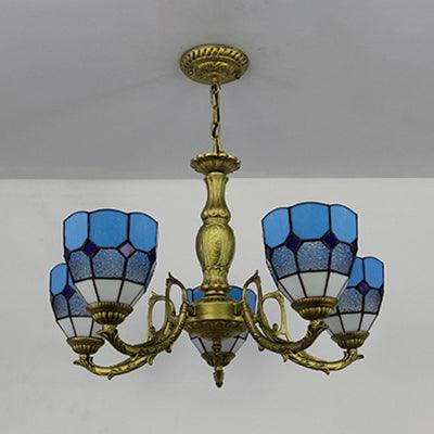 5 Lights Dome Suspension Light Adjustable Stained Glass Tiffany Chandelier Lamp for Foyer - Rebooters