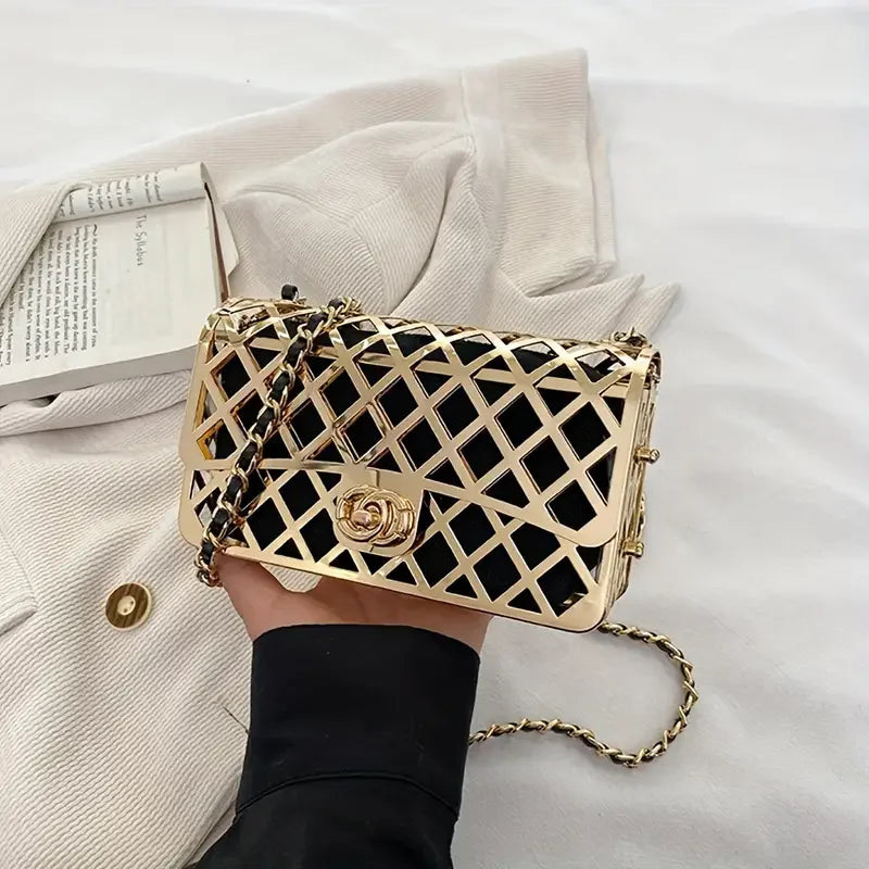 Gold lattice black designer shoulder bag with chain strap on white fabric