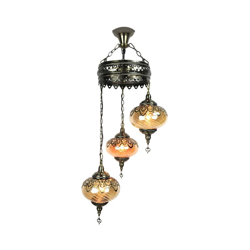 3/5 Heads Amber Swirl Glass Pendant Light Traditional Bronze Oval Living Room Chandelier - Rebooters