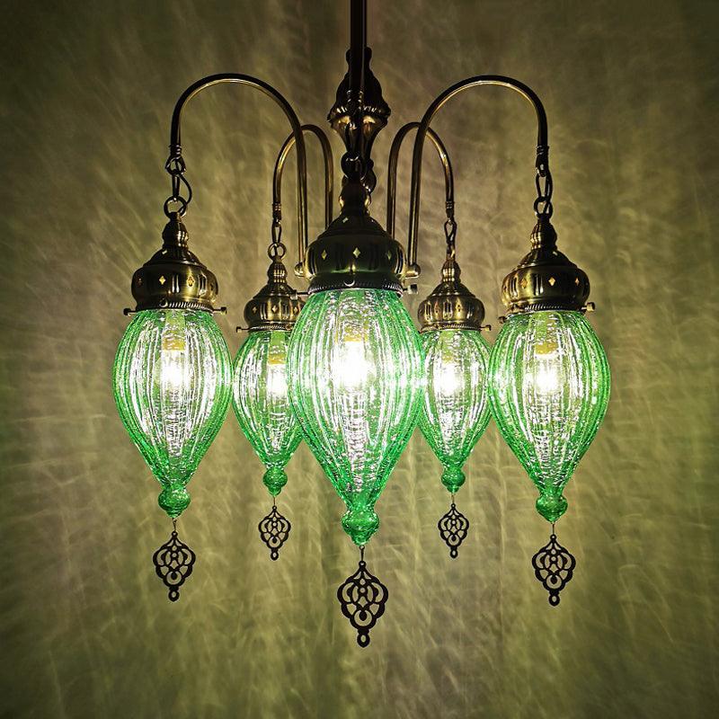 5 Heads Gourd Chandelier Light Traditional Red Yellow Green Ribbed Glass Hanging Light Kit - Rebooters