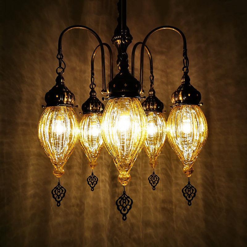 5 Heads Gourd Chandelier Light Traditional Red Yellow Green Ribbed Glass Hanging Light Kit - Rebooters