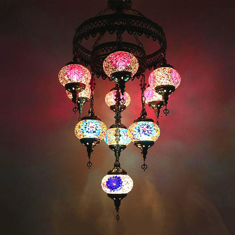 10 Heads Oval Hanging Light Fixture Multicolored Stained Glass Chandelier Lamp - Rebooters