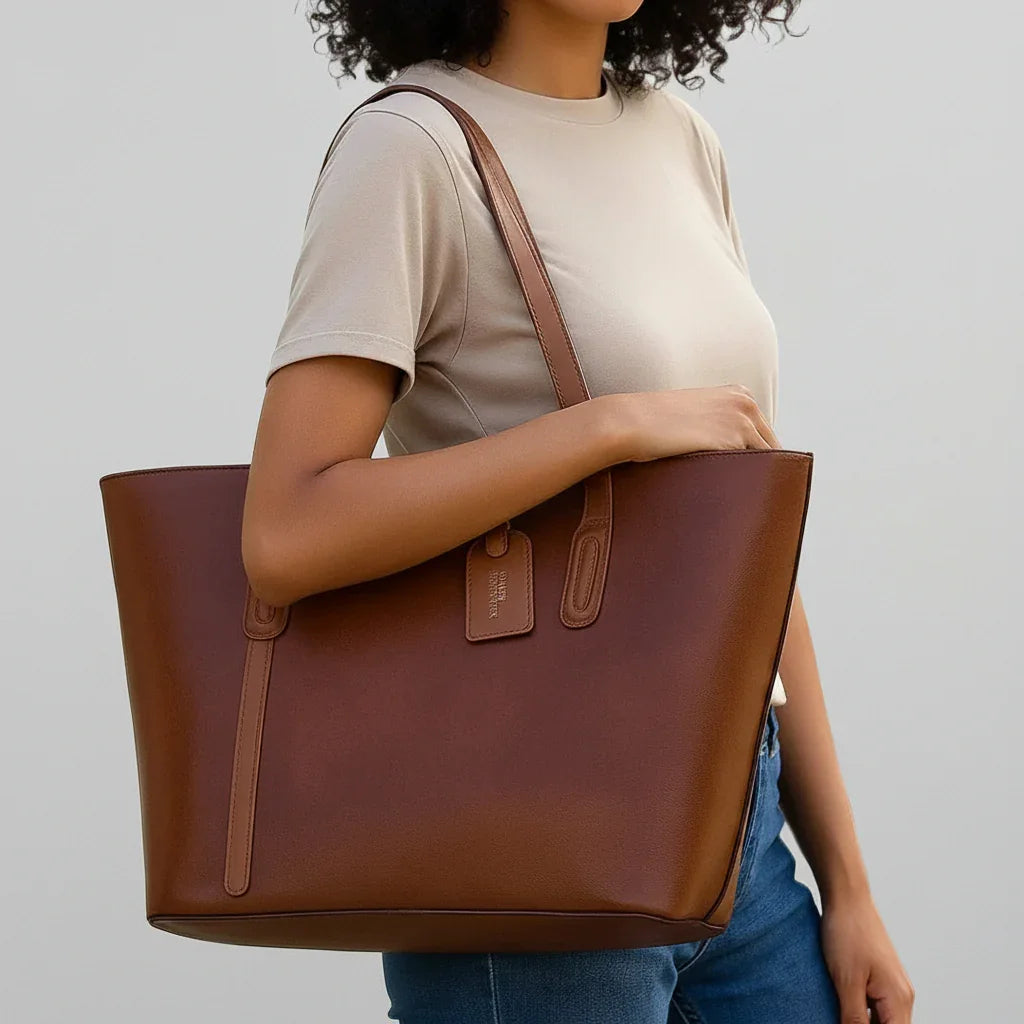 Woman carrying brown leather tote bag, casual outfit, minimal background